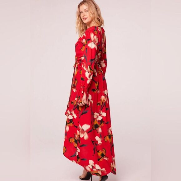 Band of the Free Bohemian High Low Wrap Maxi Dress, XS, Red & Black Floral - Picture 3 of 9